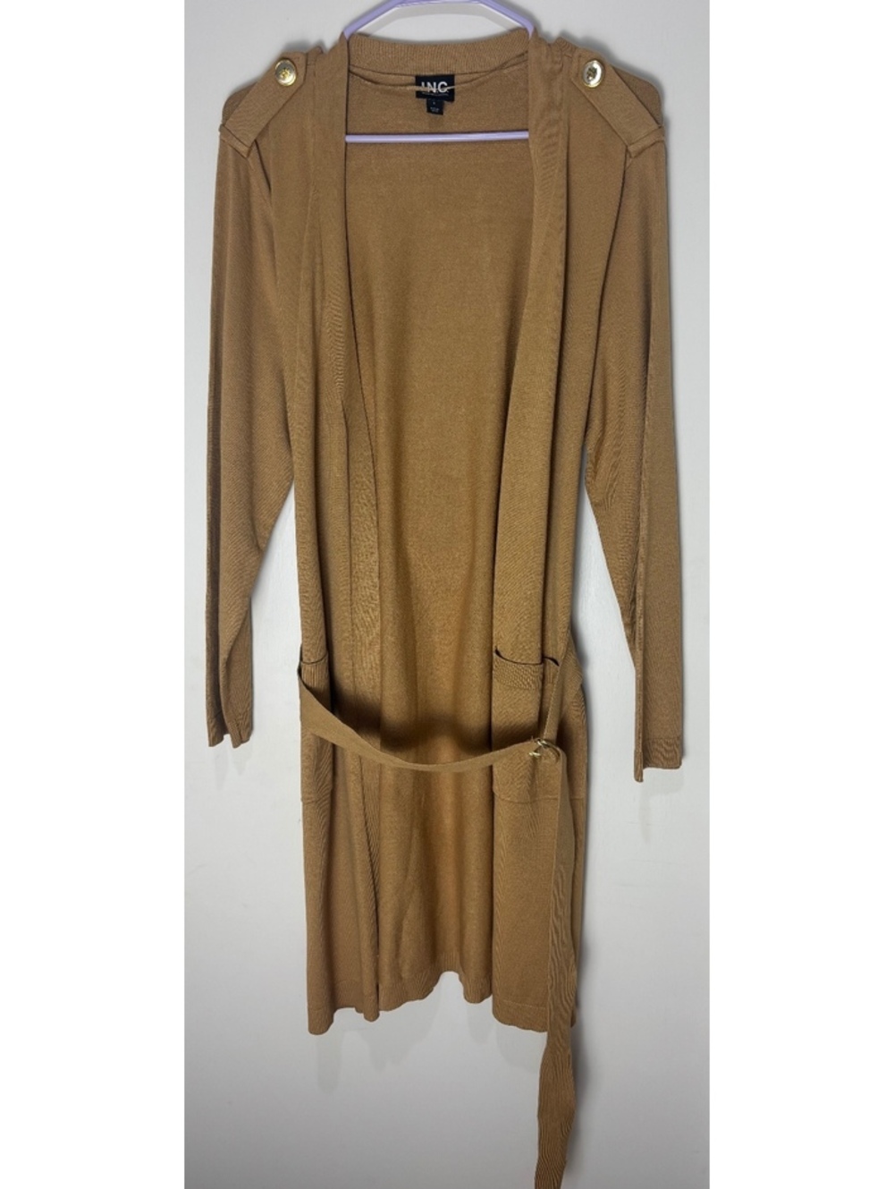 INC Womens L Camel Long Cardigan Sweater Belted Gold Button Quiet Luxury